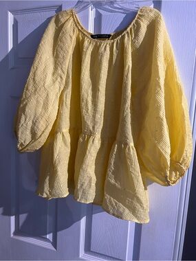 Zara Yellow Tiered Peasant Blouse with Balloon Sleeves
